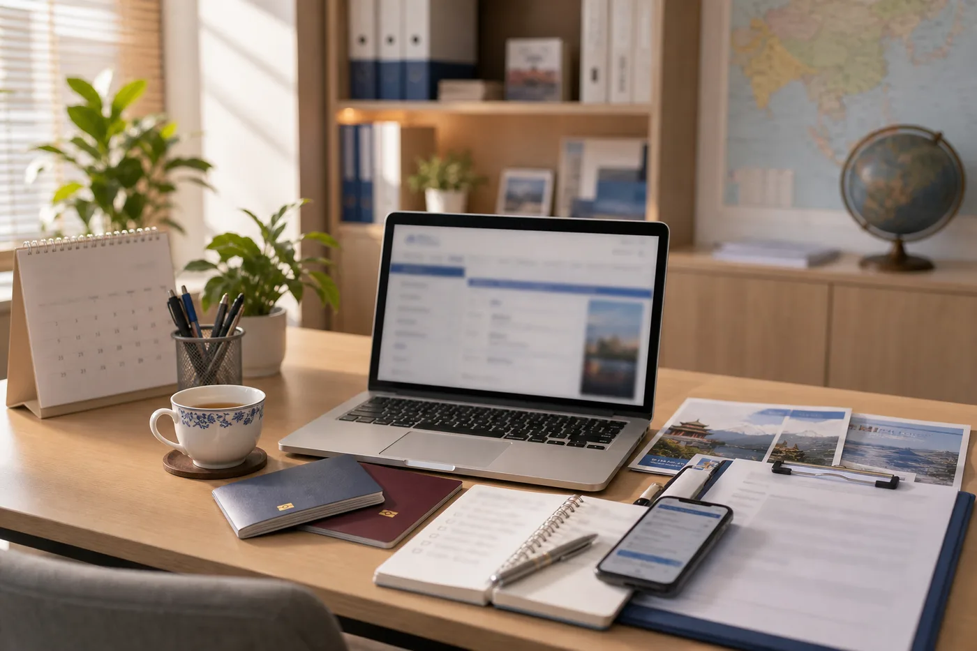 Jiangmi Travel booking desk with itinerary notes and traveler communication