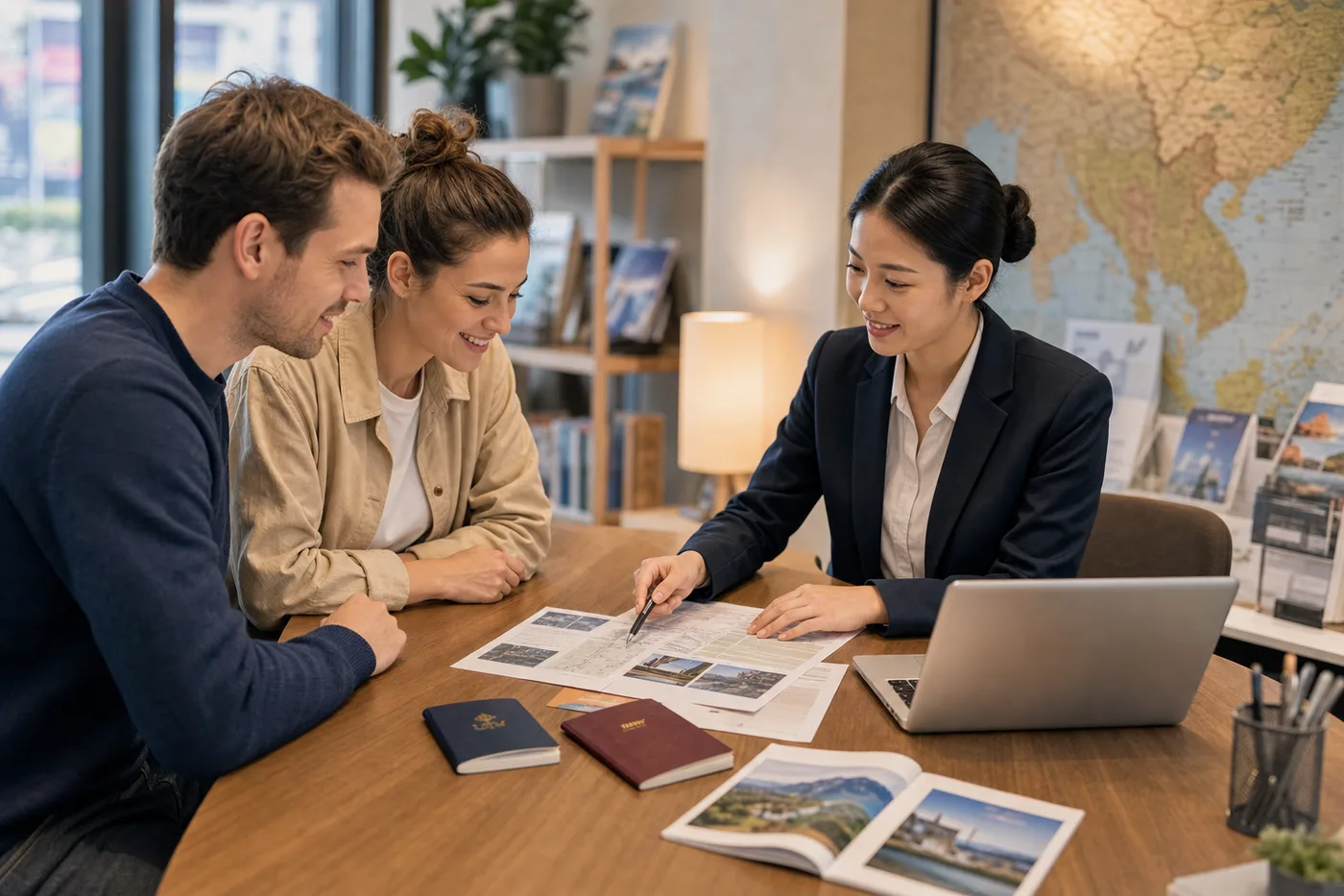 Jiangmi Travel specialist reviewing a China itinerary with international travelers